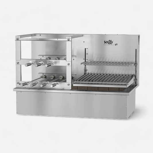 Due 600 Cooktop model with automatic Parrilla lift grill and automatic turning Rotisserie skewers. Insulated Cooktop coalbin at the bottom with refractory firebricks for drop-in mode counter installation. Stainless steel 304.