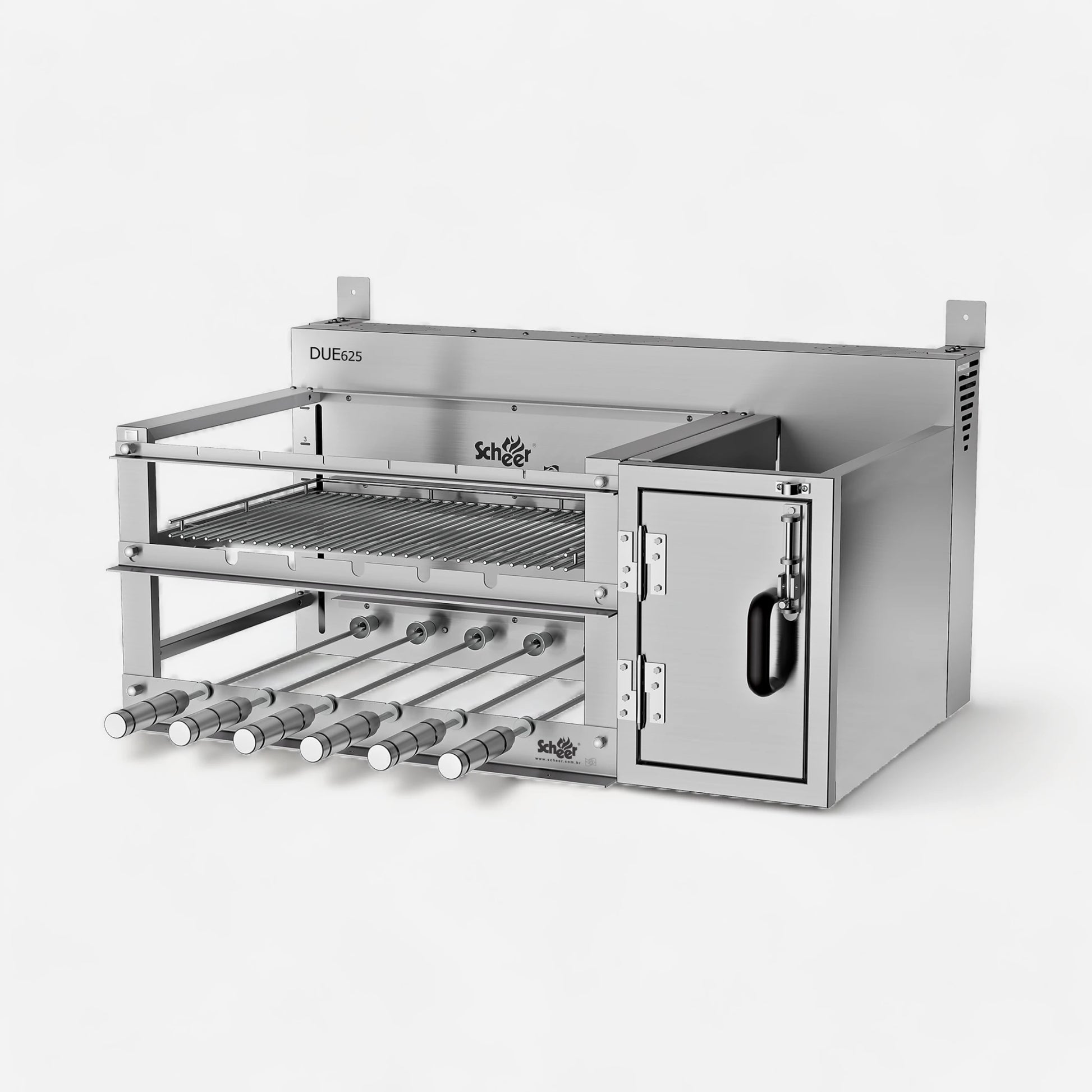 Due 625 model with automatic Parrilla lift grill and automatic turning Rotisserie skewers and side refractory Firebox for wood burning to make charcoal. Stainless steel 304.