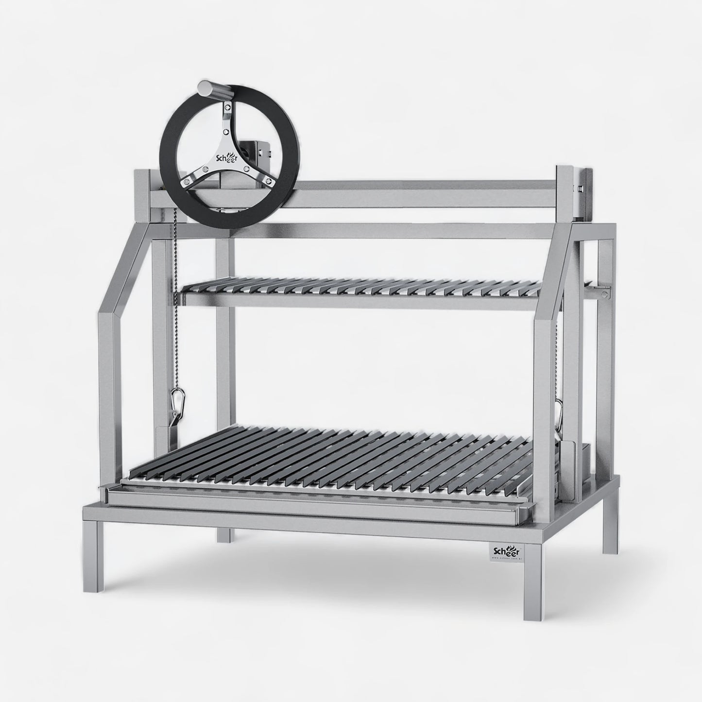 Mendoza 801 Parrilla model with single Parrilla lift grill. Anti-lock front steering wheel for heat management and manual height control of the grill. V-Shaped Argentinian grill. Slightly slanted with removable fat collection tray. Stainless steel 304.