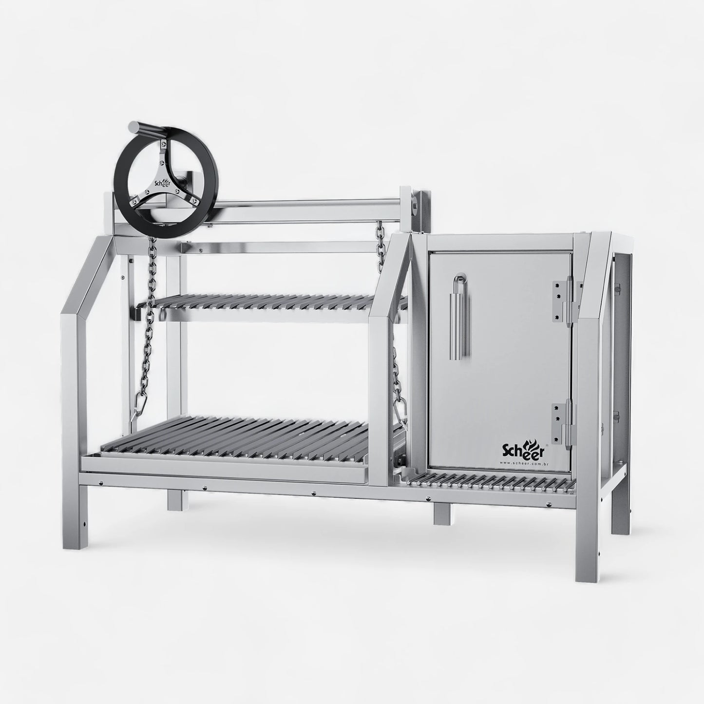 Mendoza 902 Parrilla model with single Parrilla lift grill and side refractory Firebox for wood burning to make charcoal. Anti-lock front steering wheel for heat management and manual height control of the grill. V-Shaped Argentinian grill. Slightly slanted with removable fat collection tray. Stainless steel 304.