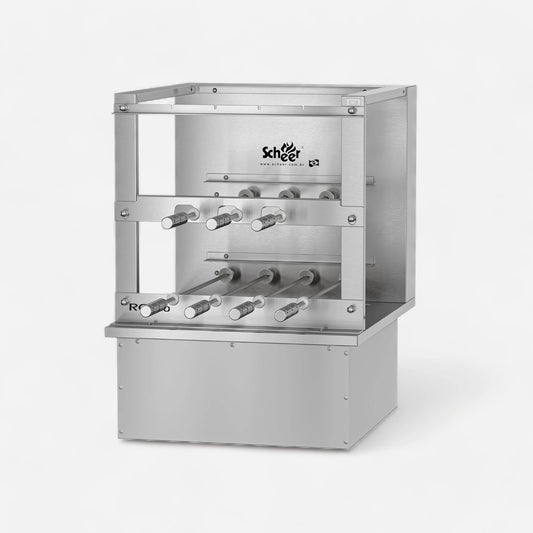 RC 550 Cooktop model with manual Parrilla grill and automatic turning Rotisserie skewers.   585mm unit with 7 skewers over 2 galleries. Insulated Cooktop coalbin at the bottom with refractory firebricks for drop-in mode counter installation. Stainless steel 304.