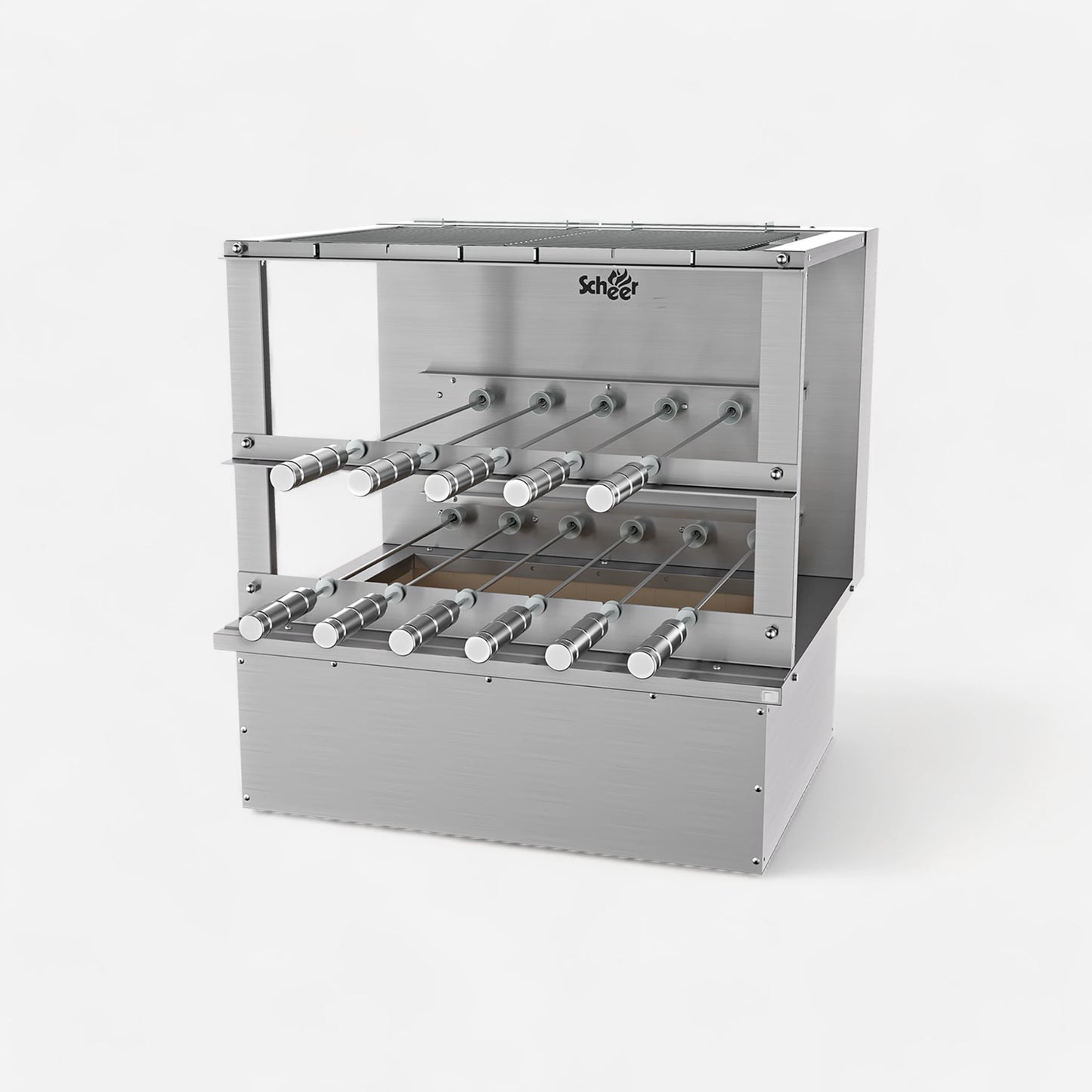 RC 550 Cooktop model with manual Parrilla grill and automatic turning Rotisserie skewers. 585mm unit with 11 skewers over 2 galleries. Insulated Cooktop coalbin at the bottom with refractory firebricks for drop-in mode counter installation. Stainless steel 304.
