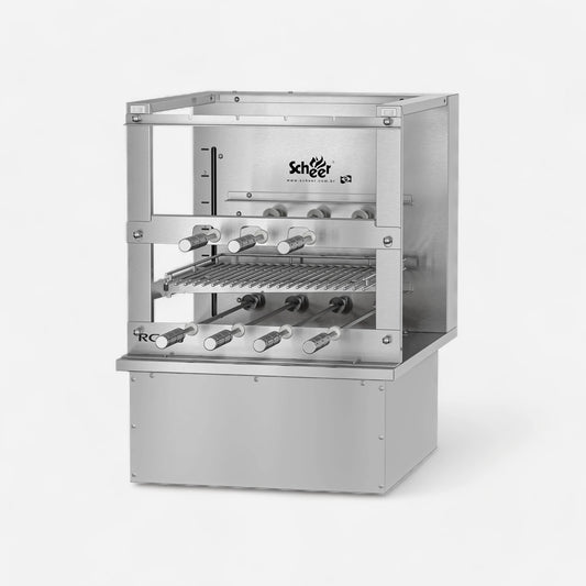 RC 850 Cooktop model with automatic Parrilla grill and automatic turning Rotisserie skewers.   585mm unit with 7 skewers over 2 galleries. Insulated Cooktop coalbin at the bottom with refractory firebricks for drop-in mode counter installation. Stainless steel 304.