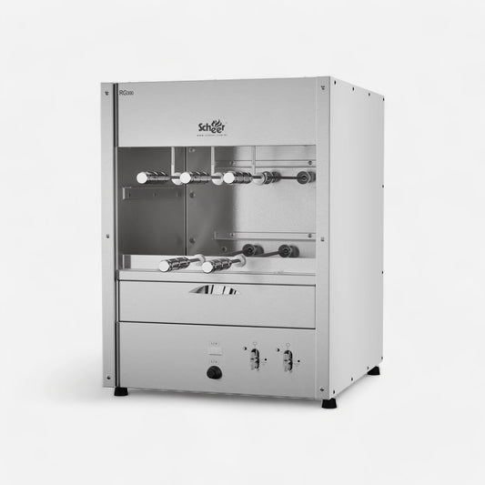 RG 300 Gas model with manual Parrilla grill and automatic turning Rotisserie skewers.   Top mount infrared Gas burners.   550mm unit with 5 skewers over 2 galleries. Water tray below for grease catchment and easy cleaning. Countertop style unit Stainless steel 304.