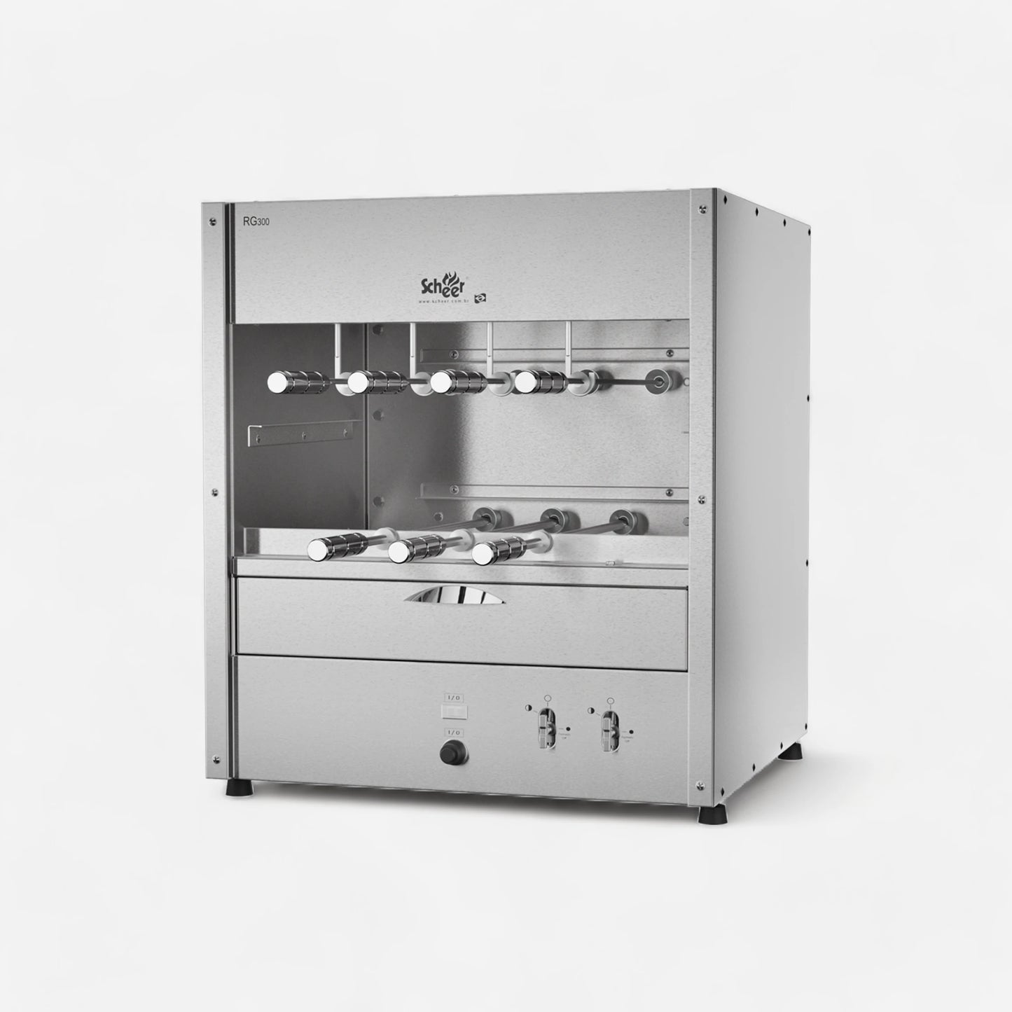 RG 300 Gas model with manual Parrilla grill and automatic turning Rotisserie skewers. Top mount infrared Gas burners. 660mm unit with 7 skewers over 2 galleries. Water tray below for grease catchment and easy cleaning. Countertop style unit Stainless steel 304.