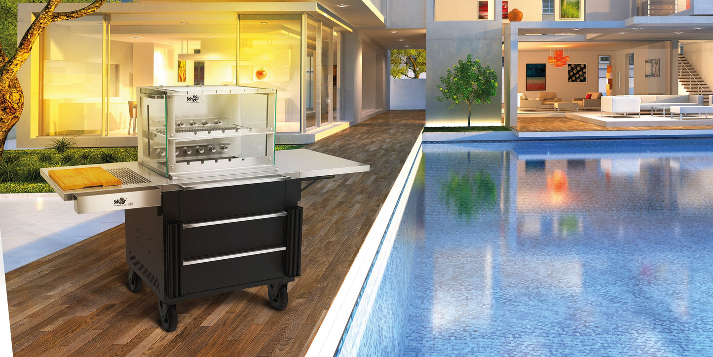 RC 850 Cooktop 785mm model with 7 Single Skewers, Side Glass and Top Rest accessories sitting in Cooktop Cart. Fully speced bundled unit with Condiment Holders, Skewer Quivers, Side Shelves. Cooktop Cart outdoor accessory trolley to house 585mm or 785mm cooktop models. Standalone unit. Can add side shelves, Condiment Holders, and Skewer Quivers to upgrade system as desired. Cooktop Cart sitting by side of swimming pool .