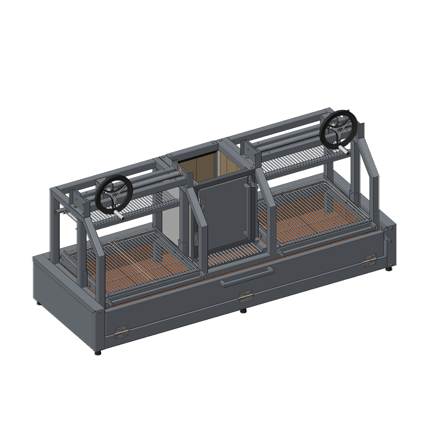 Mendoza 903 Parrilla model with dual Parrilla lift grill and centre refractory Firebox for wood burning to make charcoal. Custom built refractory Firepit for wood burning to make charcoal. Drop down front doors for easy coal access and ash cleaning. Anti-lock front steering wheel for heat management and manual height control of the grill. V-Shaped Argentinian grill. Slightly slanted with removable fat collection tray. Stainless steel 304.