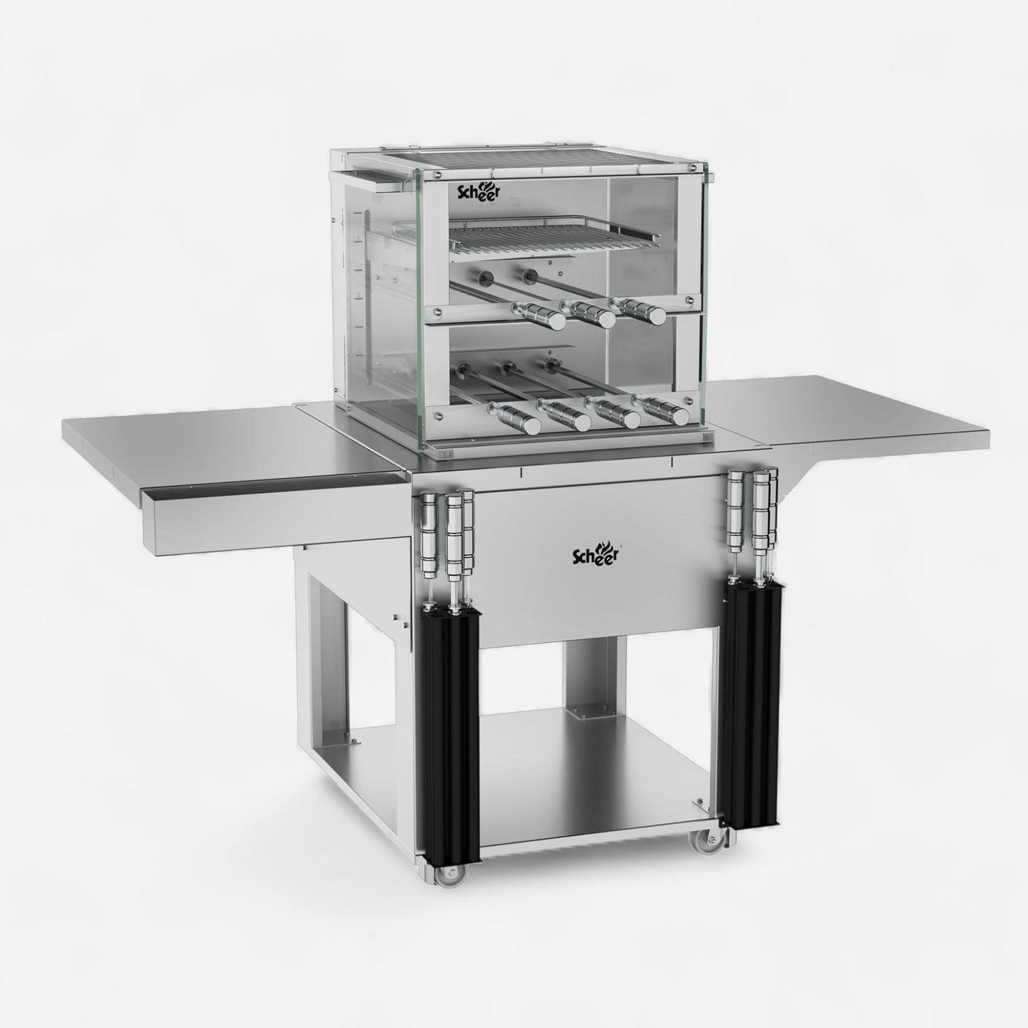 RC 850 Cooktop 785mm model with 7 Single Skewers, Side Glass and Top Rest accessories sitting in Cooktop Cart. Fully speced bundled unit with Condiment Holders, Skewer Quivers, Side Shelves.