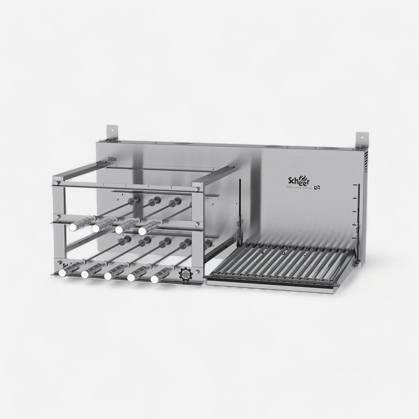 Due 600 model with automatic Parrilla lift grill and automatic turning Rotisserie skewers. Stainless steel 304.