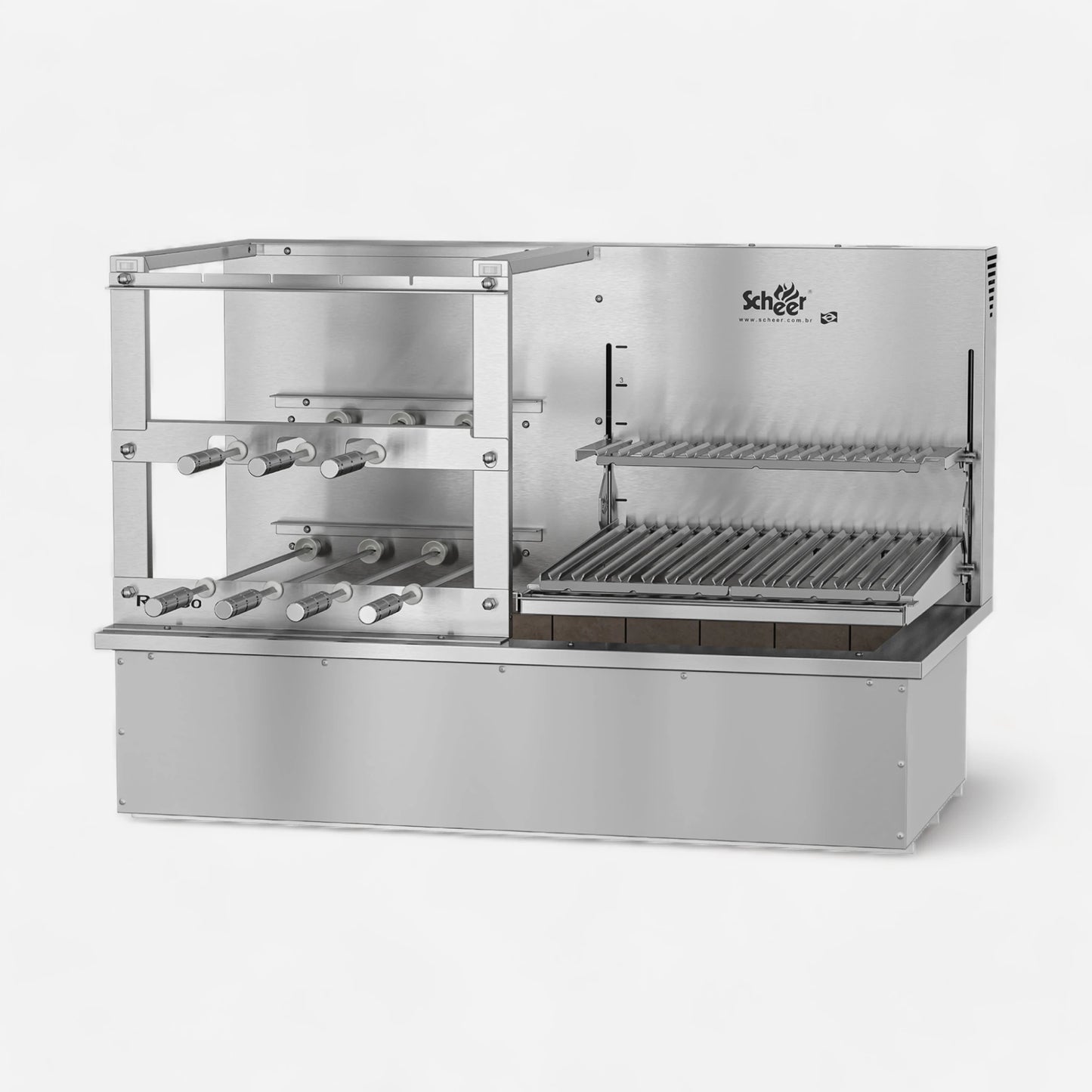 Due 600 Cooktop model with automatic Parrilla lift grill and automatic turning Rotisserie skewers. Insulated Cooktop coalbin at the bottom with refractory firebricks for drop-in mode counter installation. Stainless steel 304.