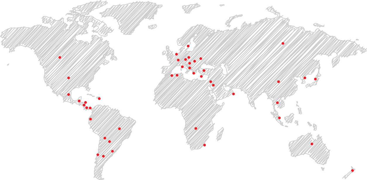 World map with red dots signifying Scheer global distribution