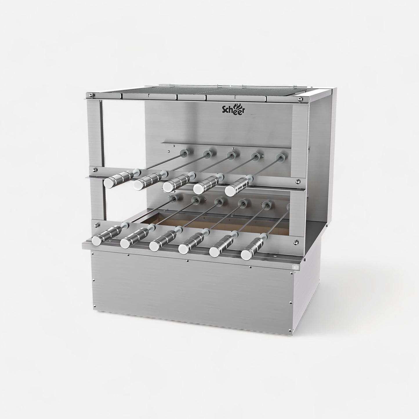 RC 550 Cooktop model with manual Parrilla grill and automatic turning Rotisserie skewers.   585mm unit with 11 skewers over 2 galleries. Insulated Cooktop coalbin at the bottom with refractory firebricks for drop-in mode counter installation. Stainless steel 304.