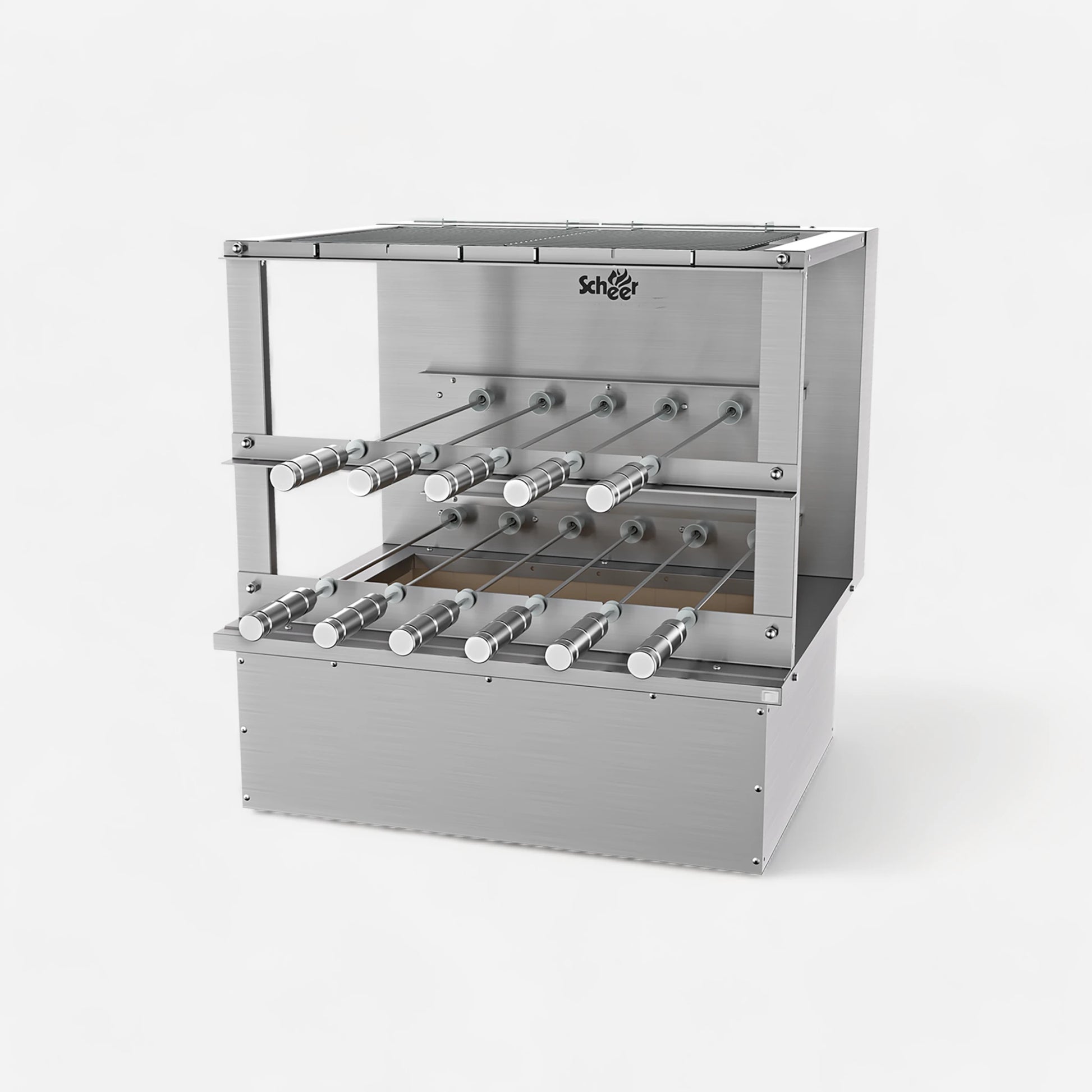 RC 550 Cooktop model with manual Parrilla grill and automatic turning Rotisserie skewers.   585mm unit with 11 skewers over 2 galleries. Insulated Cooktop coalbin at the bottom with refractory firebricks for drop-in mode counter installation. Stainless steel 304.