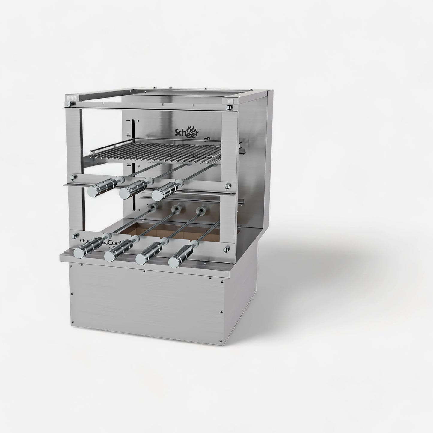 RC 850 Cooktop model with automatic Parrilla grill and automatic turning Rotisserie skewers.   585mm unit with 7 skewers over 2 galleries. Insulated Cooktop coalbin at the bottom with refractory firebricks for drop-in mode counter installation. Stainless steel 304.