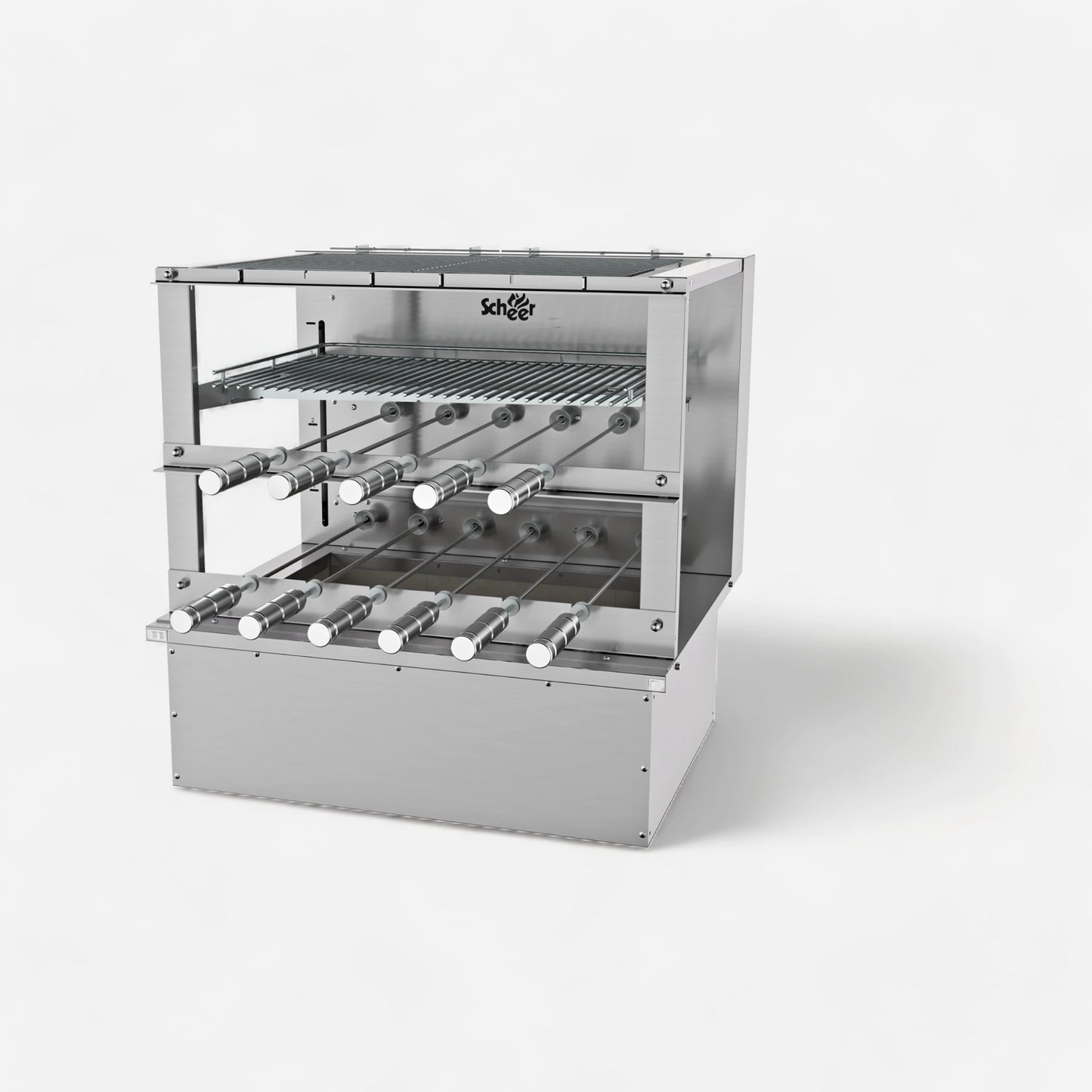 RC 850 Cooktop model with automatic Parrilla grill and automatic turning Rotisserie skewers.   785mm unit with 11 skewers over 2 galleries. Insulated Cooktop coalbin at the bottom with refractory firebricks for drop-in mode counter installation. Stainless steel 304.