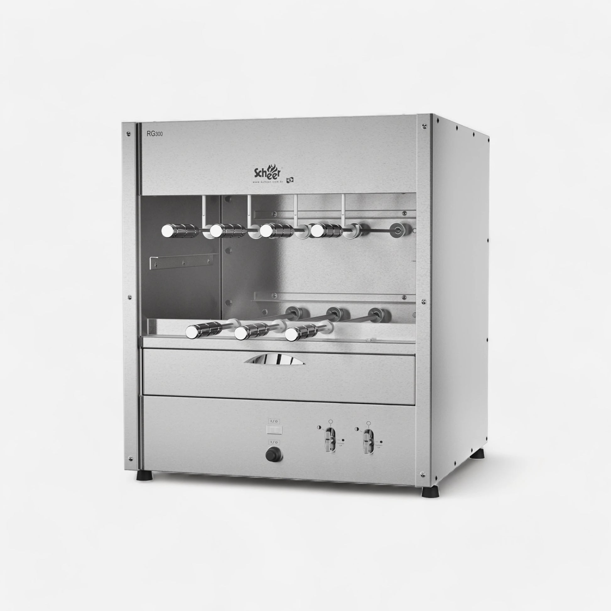 RG 300 Gas model with manual Parrilla grill and automatic turning Rotisserie skewers.   Top mount infrared Gas burners. 660mm unit with 7 skewers over 2 galleries. Water tray below for grease catchment and easy cleaning. Countertop style unit Stainless steel 304.