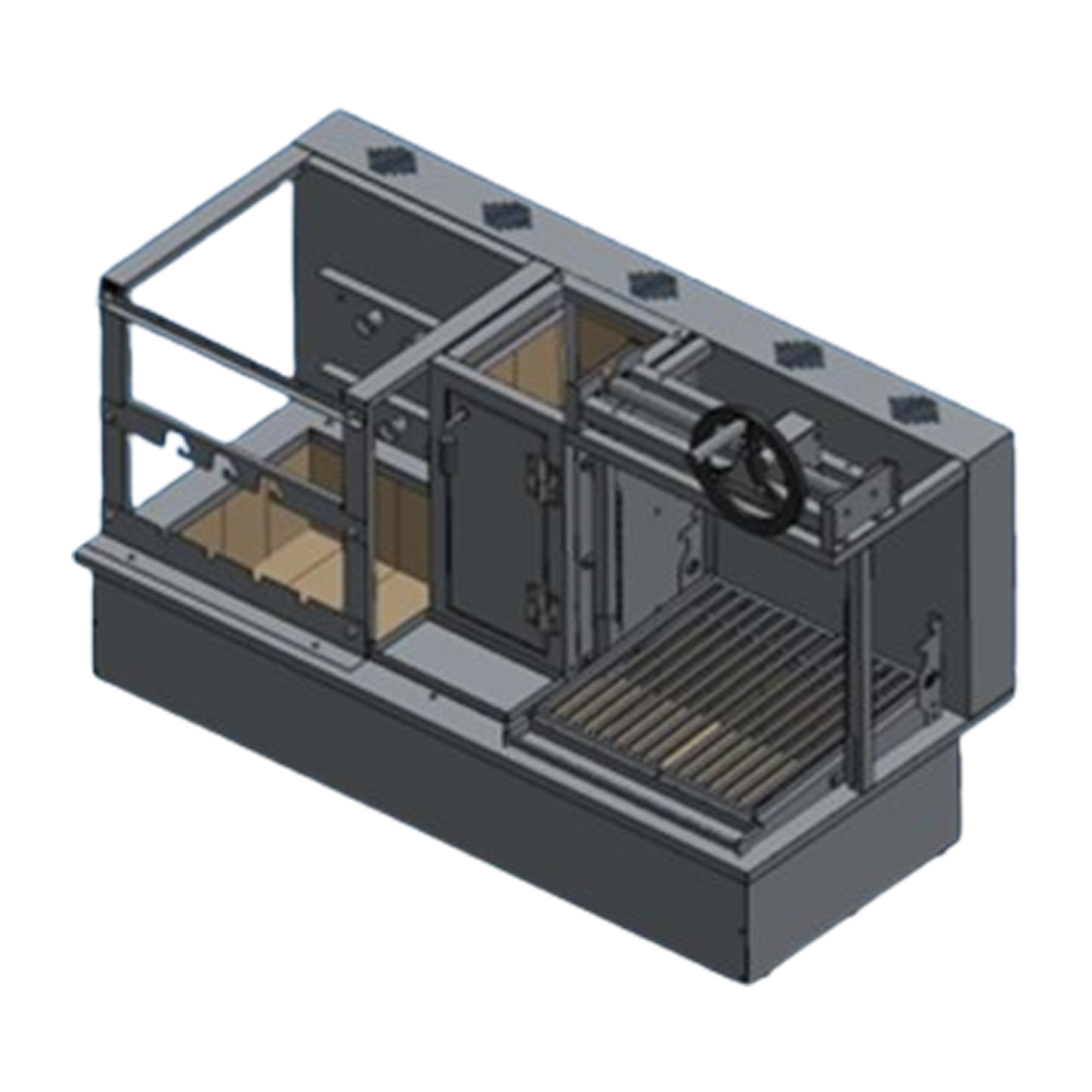 TRE Mendoza Cooktop model with manual front wheel Parrilla lift grill and automatic turning Rotisserie skewers and centre refractory Firebox for wood burning to make charcoal in the integrated Coalbin beneath for drop-in mode. Stainless steel 304.