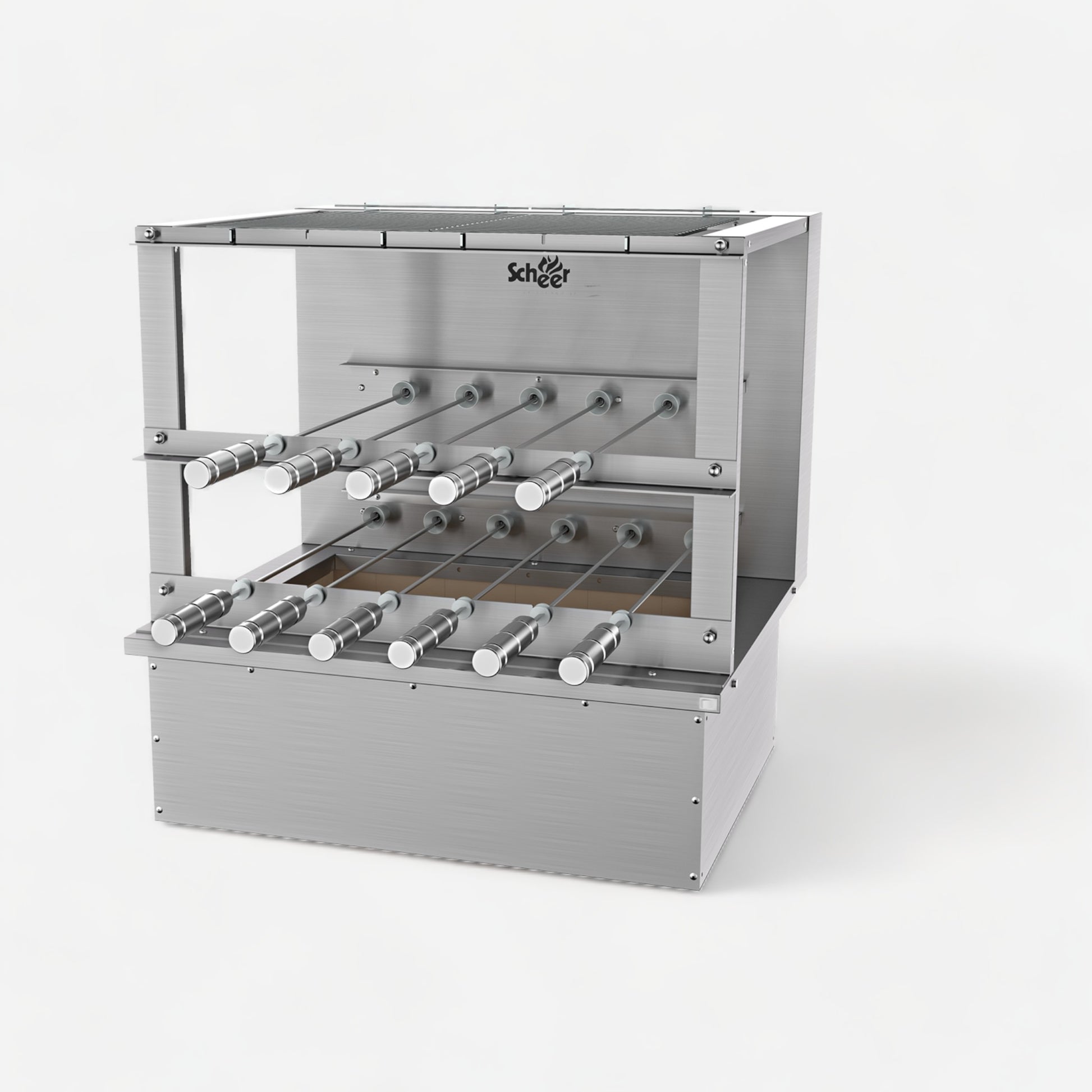 RC 550 Cooktop model with manual Parrilla grill and automatic turning Rotisserie skewers.   585mm unit with 7 skewers over 2 galleries. Insulated Cooktop coalbin at the bottom with refractory firebricks for drop-in mode counter installation. Stainless steel 304.