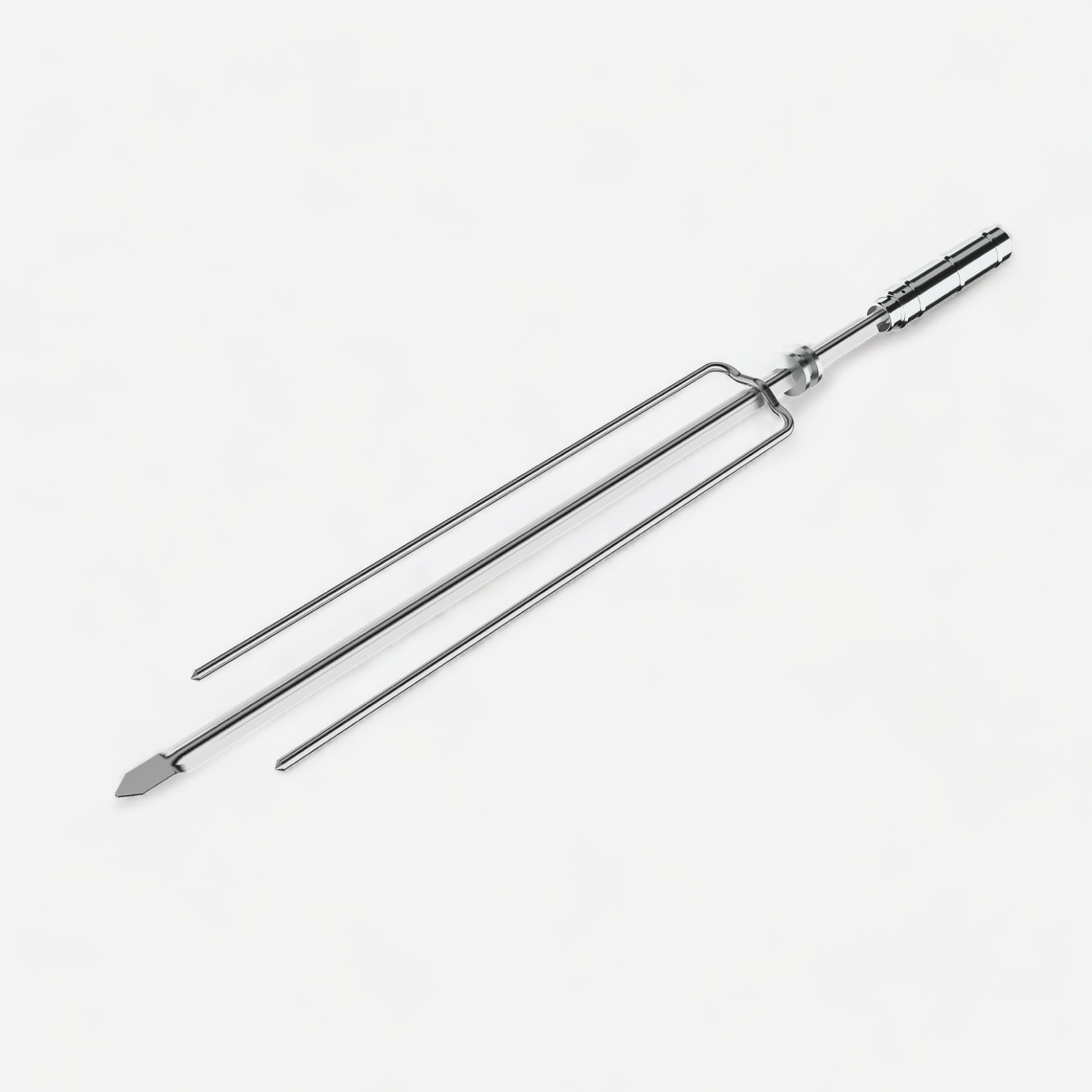 Triple Skewer. Center Skewer in variable sizes Small, Medium and Large. Side prongs to hold large pieces of meat without slipping. Stainless Steel 304