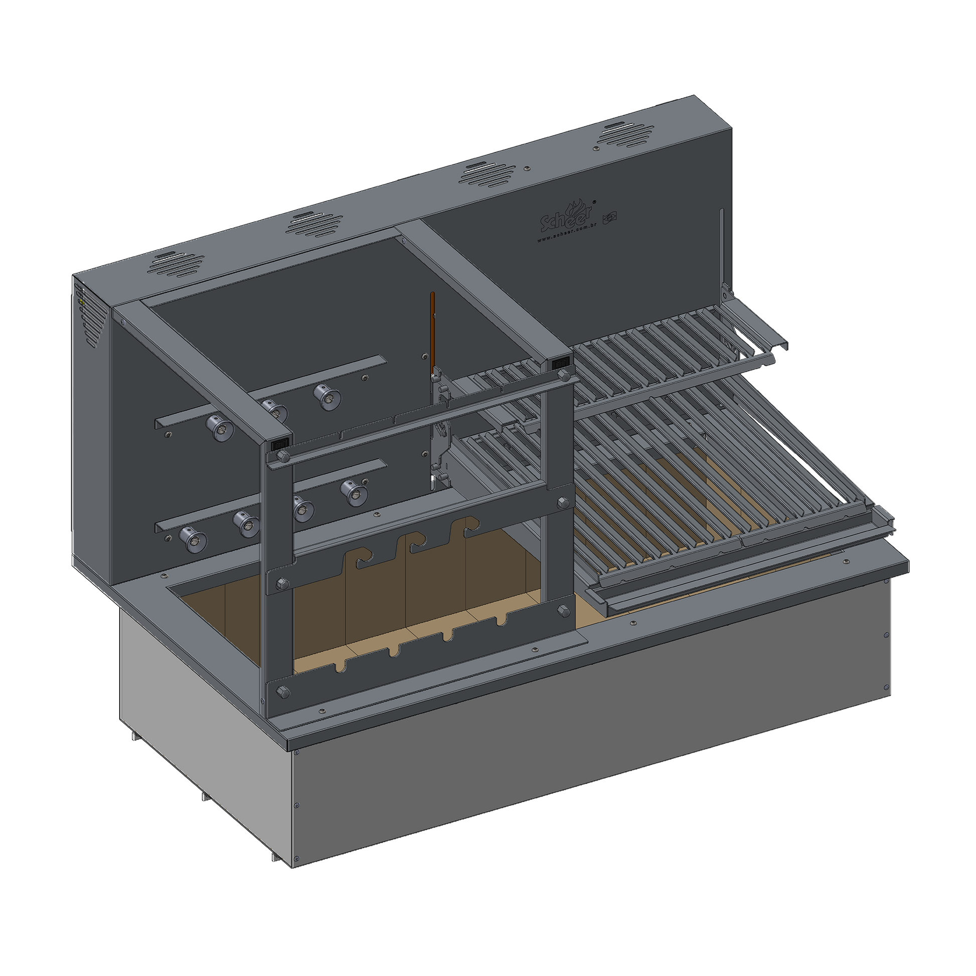 Due 600 Cooktop model with automatic Parrilla lift grill and automatic turning Rotisserie skewers. Insulated Cooktop coalbin at the bottom with refractory firebricks for drop-in mode counter installation. Stainless steel 304.