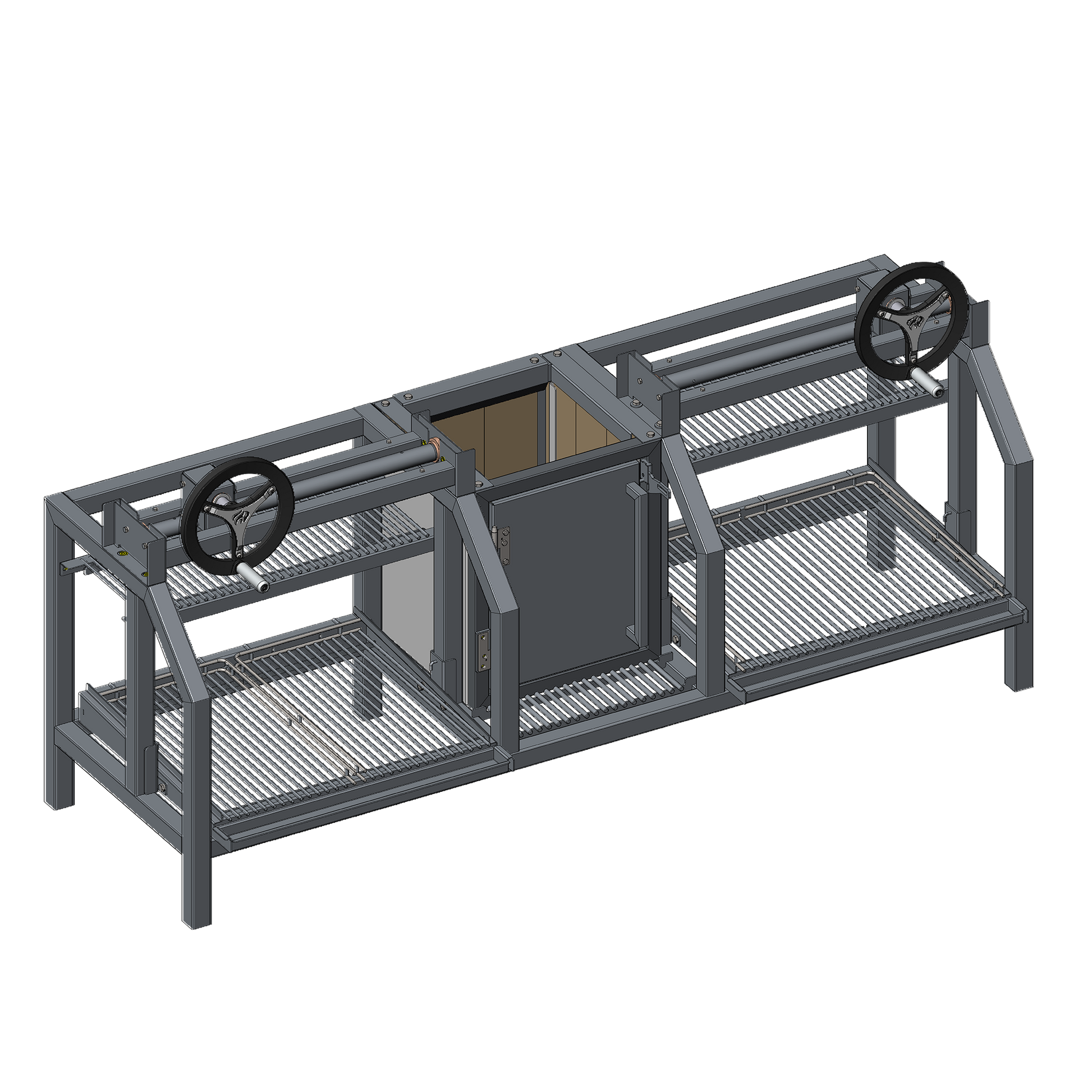 Mendoza 903 Parrilla model with dual Parrilla lift grill and centre refractory Firebox for wood burning to make charcoal.   Anti-lock front steering wheel for heat management and manual height control of the grill.  V-Shaped Argentinian grill. Slightly slanted with removable fat collection tray.  Stainless steel 304.