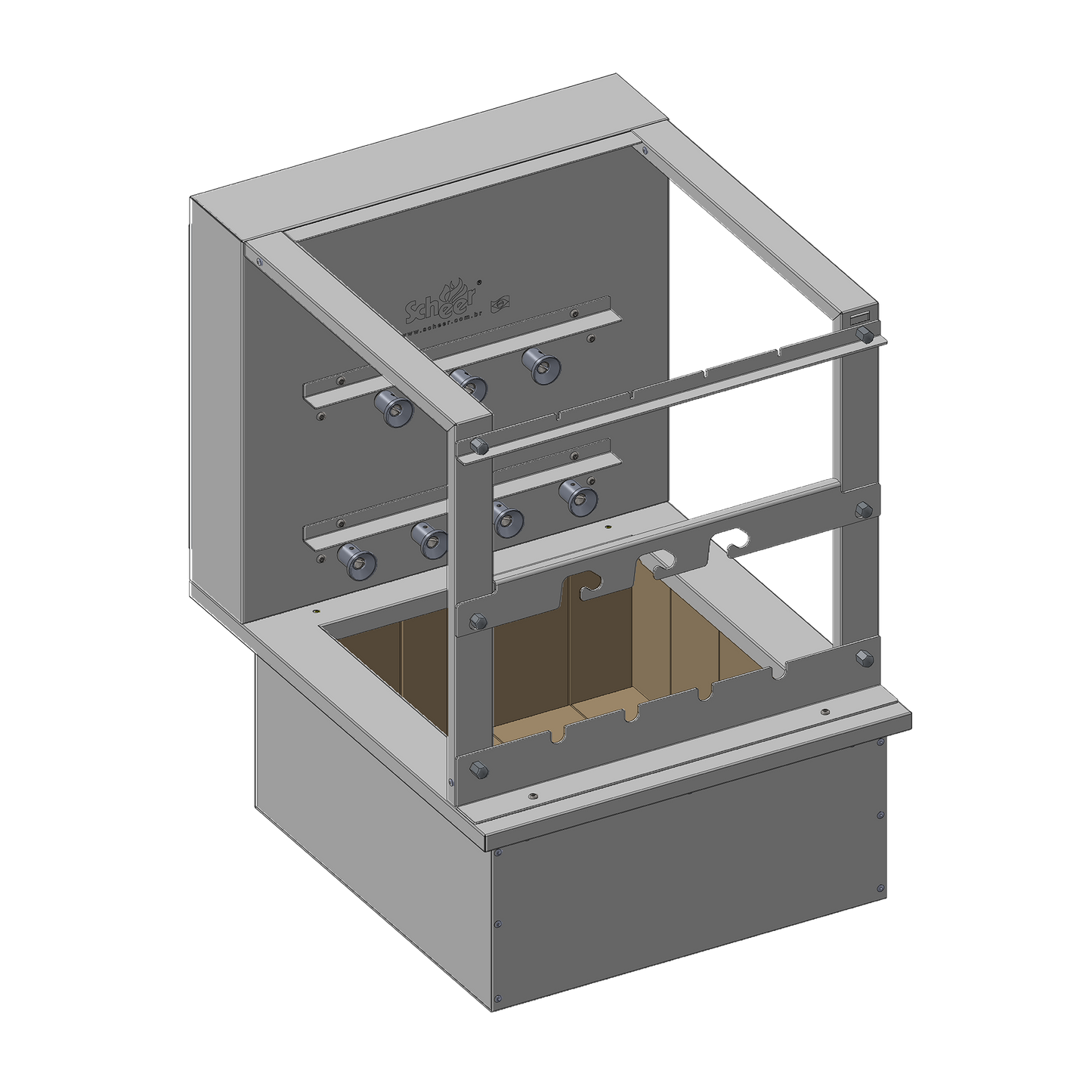 RC 550 Cooktop model with manual Parrilla grill and automatic turning Rotisserie skewers.   585mm unit with 7 skewers over 2 galleries. Insulated Cooktop coalbin at the bottom with refractory firebricks for drop-in mode counter installation. Stainless steel 304.