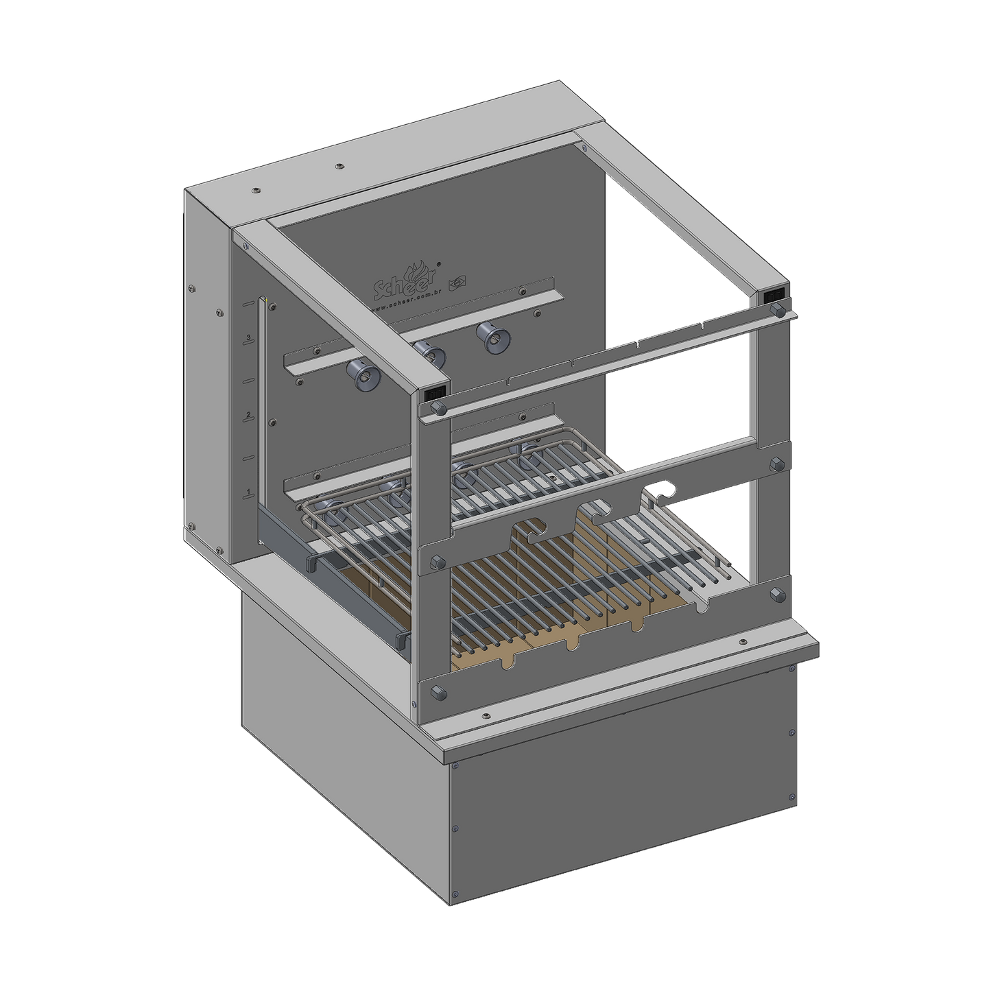 RC 850 Cooktop model with automatic Parrilla grill and automatic turning Rotisserie skewers.   585mm unit with 7 skewers over 2 galleries. Insulated Cooktop coalbin at the bottom with refractory firebricks for drop-in mode counter installation. Stainless steel 304.