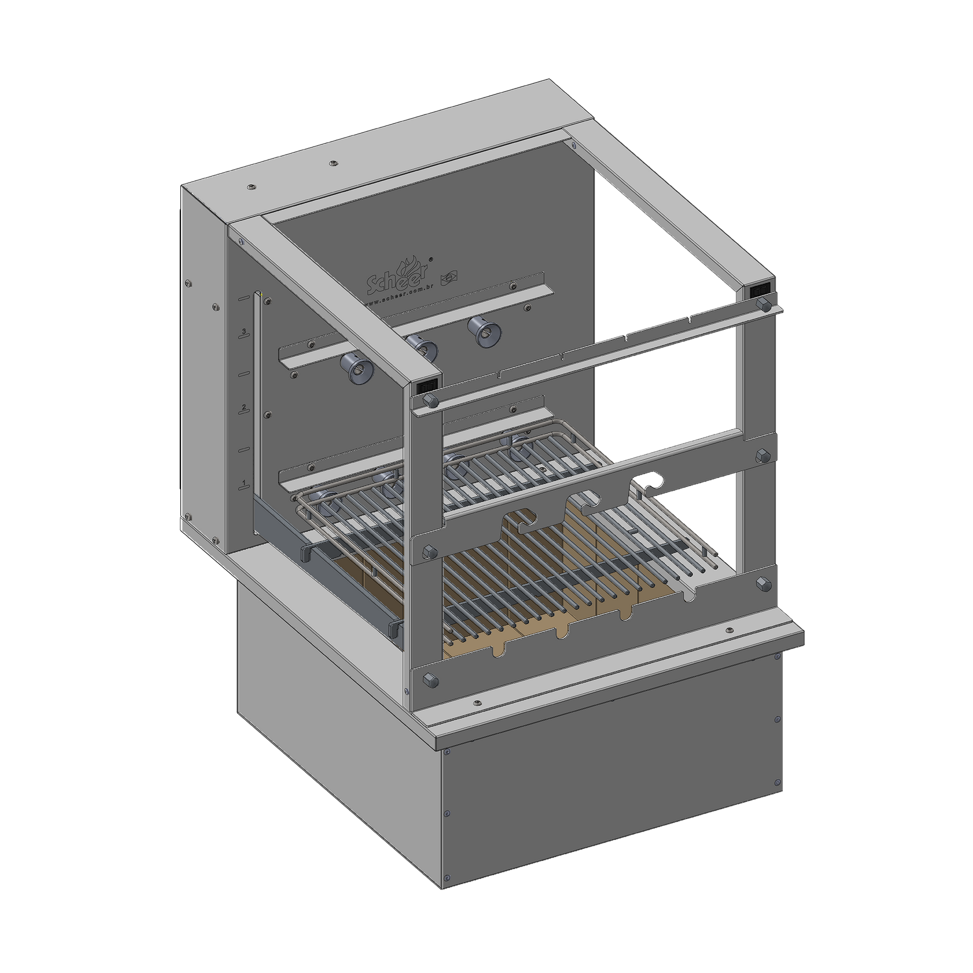 RC 850 Cooktop model with automatic Parrilla grill and automatic turning Rotisserie skewers.   585mm unit with 7 skewers over 2 galleries. Insulated Cooktop coalbin at the bottom with refractory firebricks for drop-in mode counter installation. Stainless steel 304.