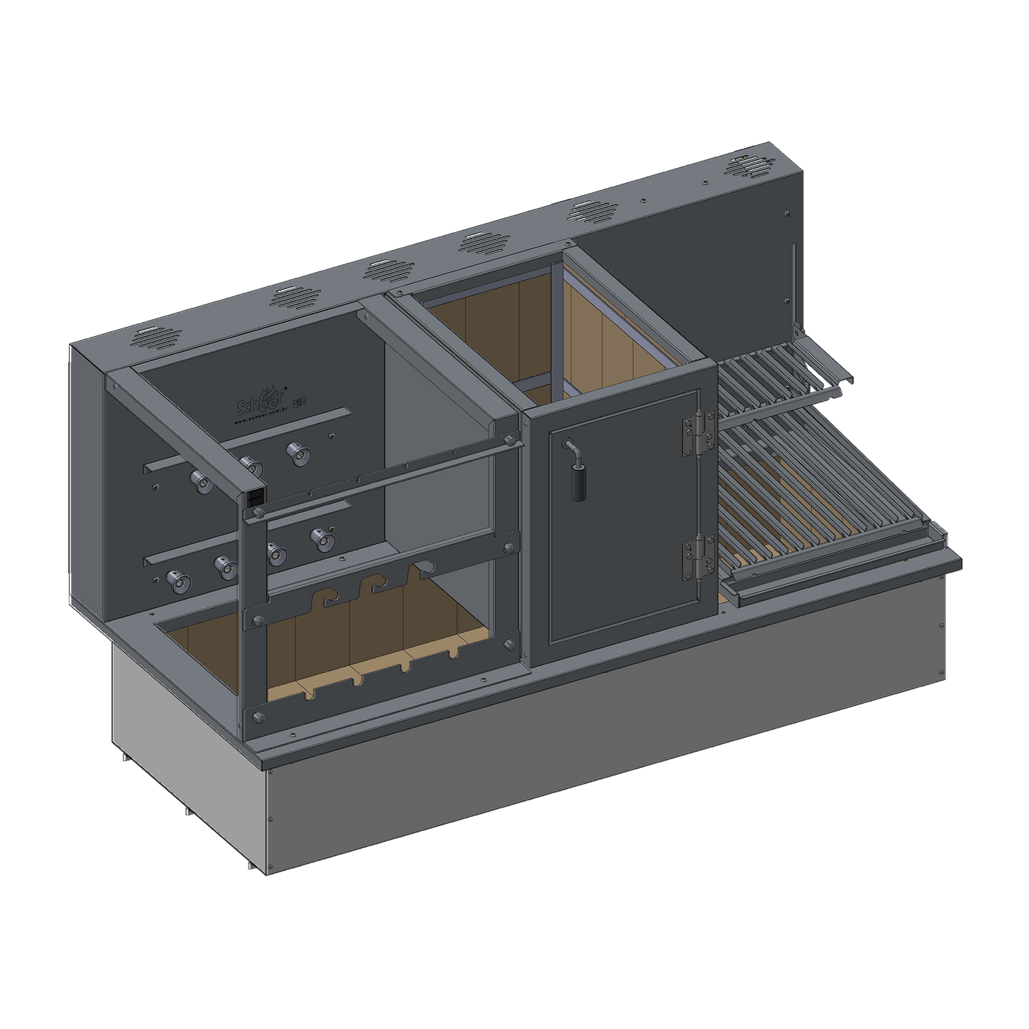 Tre 900 Cooktop model with automatic Parrilla lift grill and automatic turning Rotisserie skewers and centre refractory Firebox for wood burning to make charcoal.  Insulated Cooktop coalbin at the bottom with refractory firebricks for drop-in mode counter installation. Stainless steel 304.